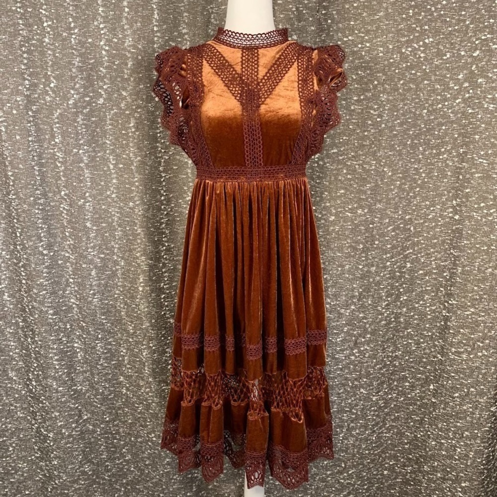 Mia Joy Joyfolie Burnt Orange Velvet Lace Tiered Dress Boho Cottage Girl's 10